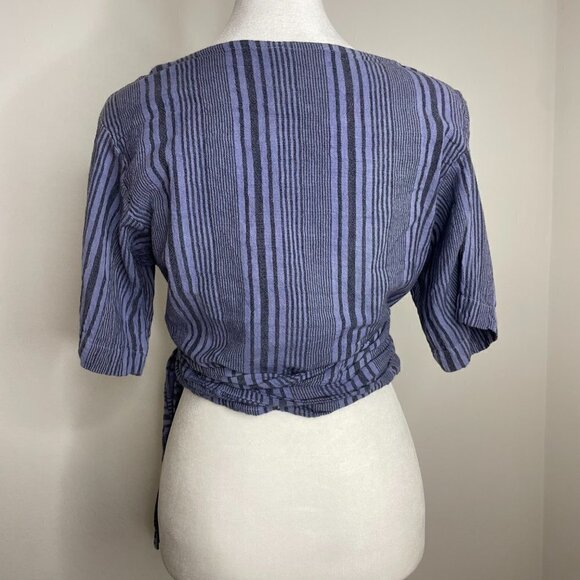 Fair Trade Boho Striped Cotton Cropped Wrap Top with Tie Waist Purple Striped - Picture 4 of 14